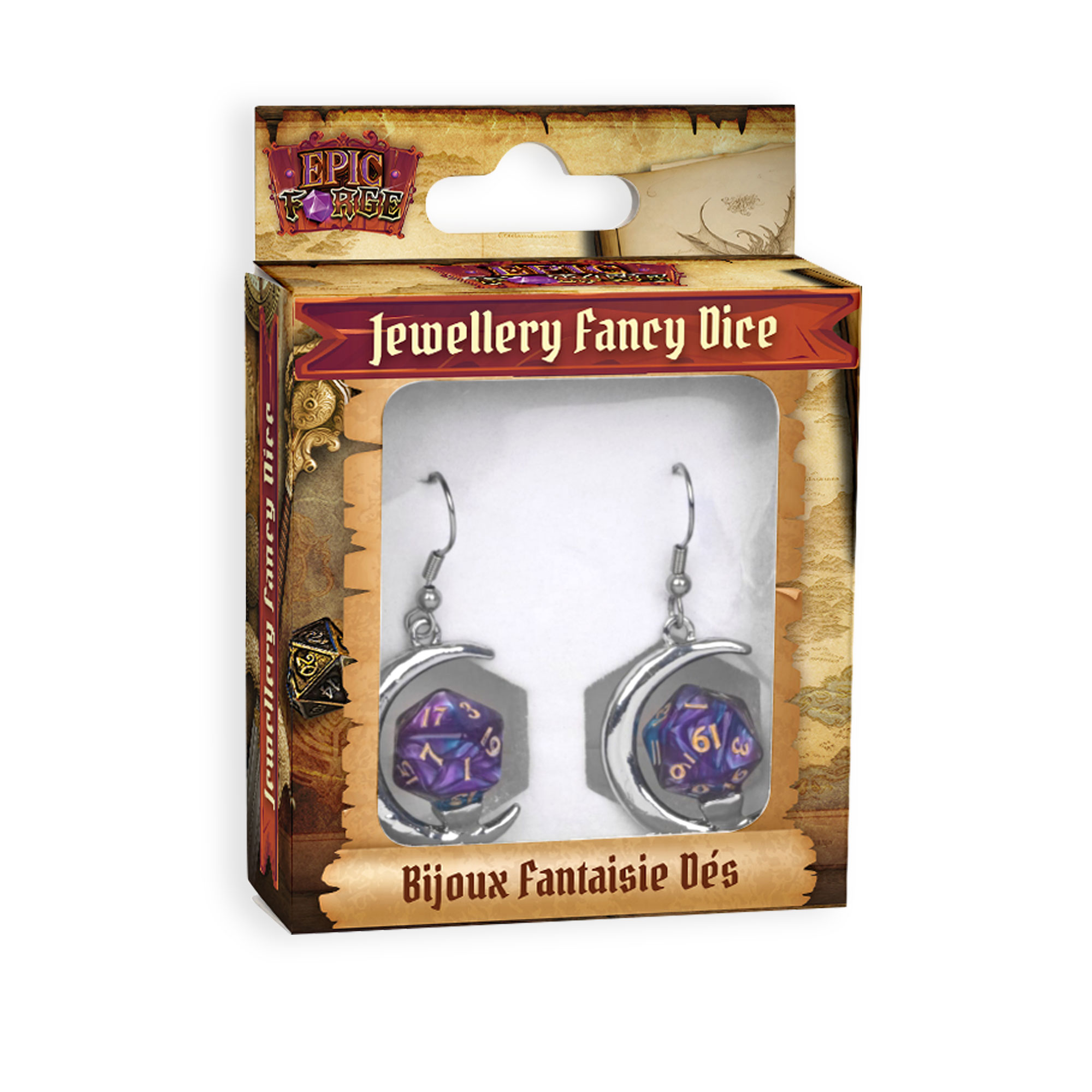 image principale pour Bijoux - Boucles d'oreilles Lune Dés D20 - Violette