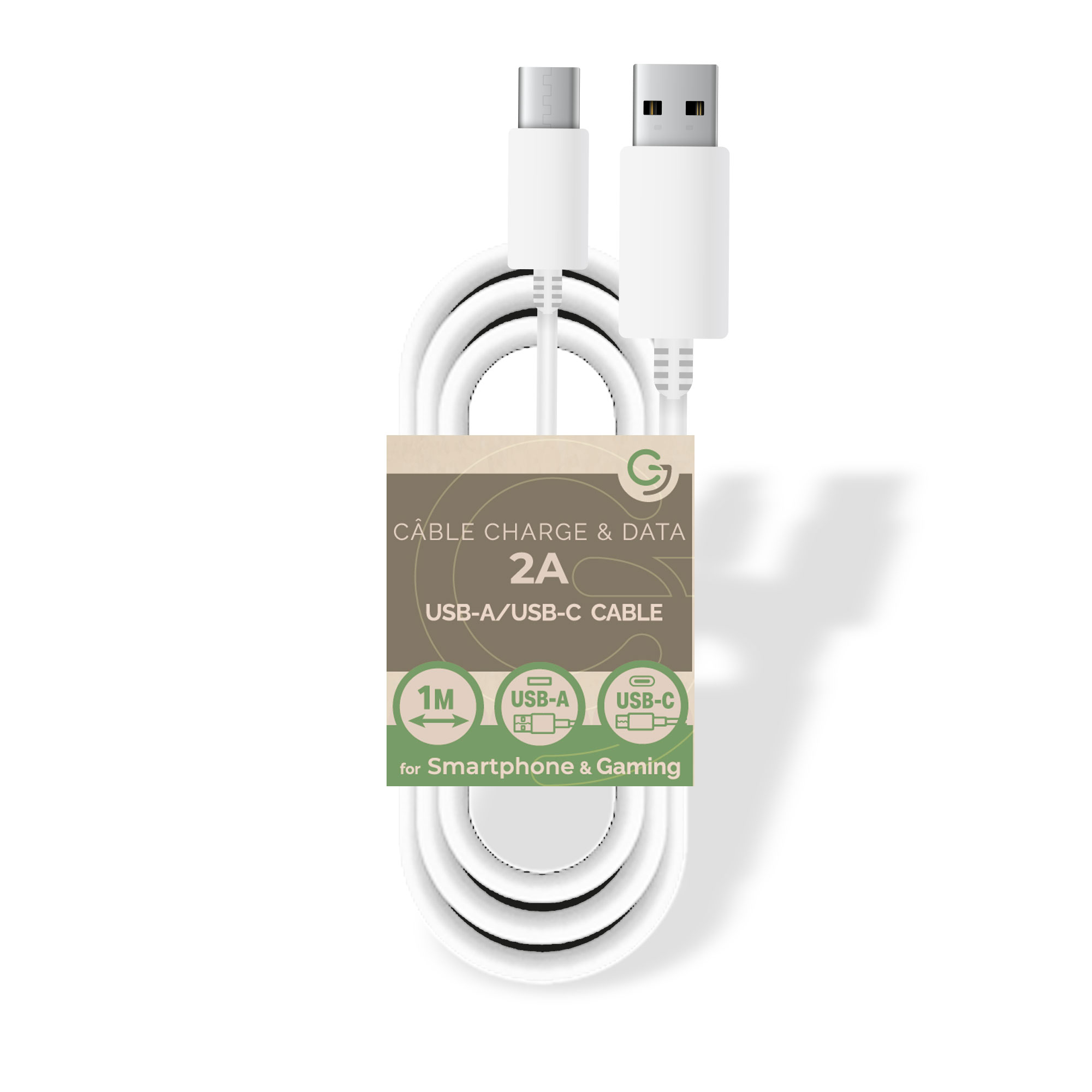 image principale pour Câble Charge et Data USB/ Type-C - 5V / 2A - 1m - SANS EMBALLAGE - Blanc