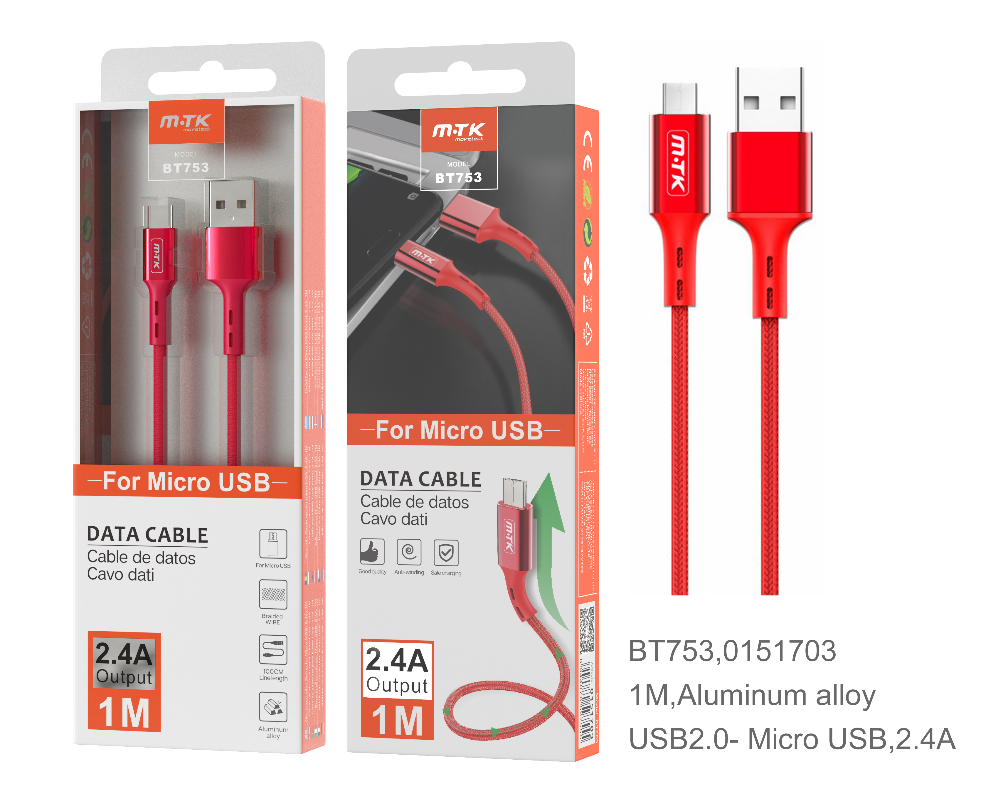 image principale pour Câble en aluminium micro USB - 1m 2A - BT753 Rouge