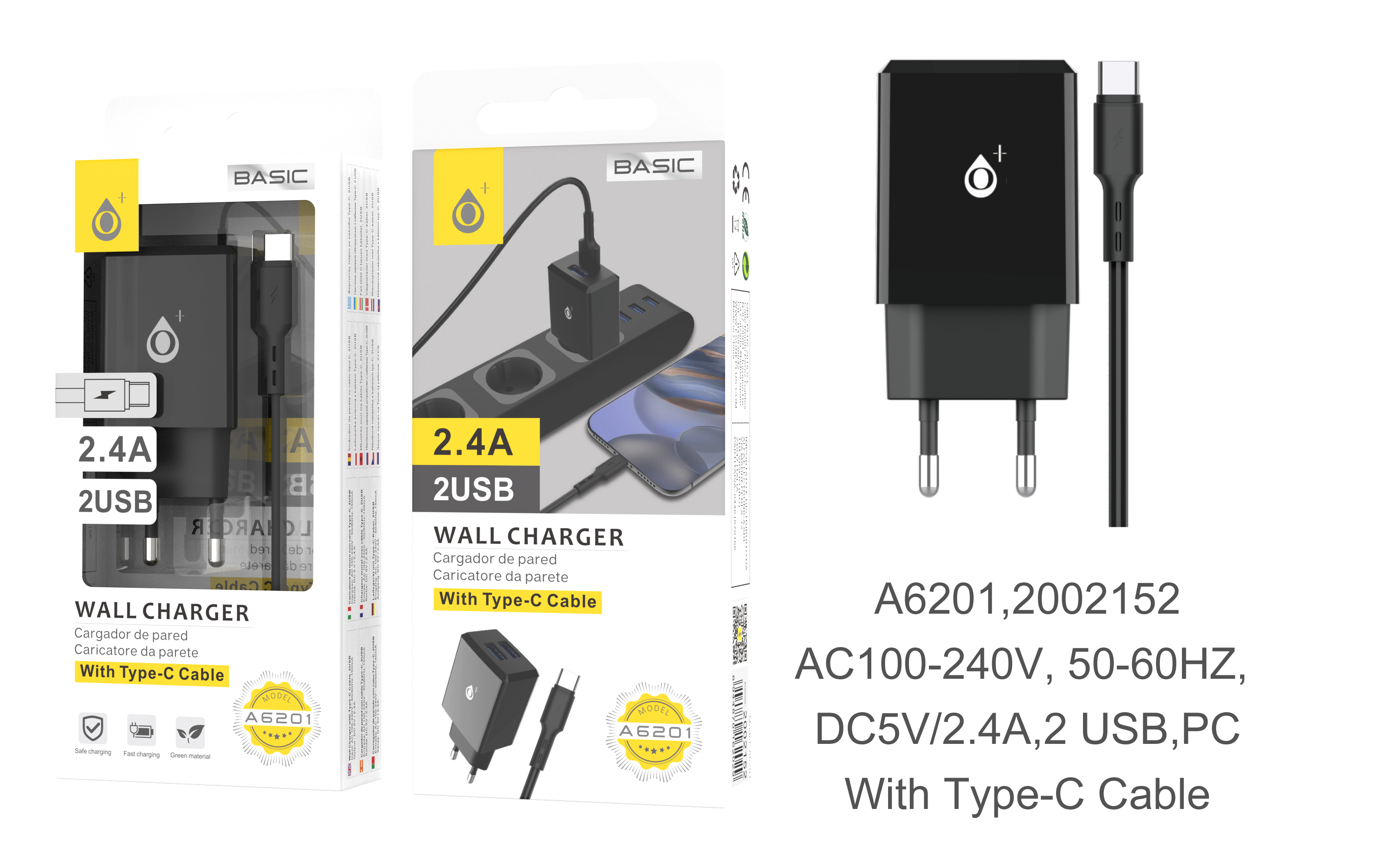 image principale pour Chargeur avec câble Type C, 2 USB , 2.4A - A6201 - Noir