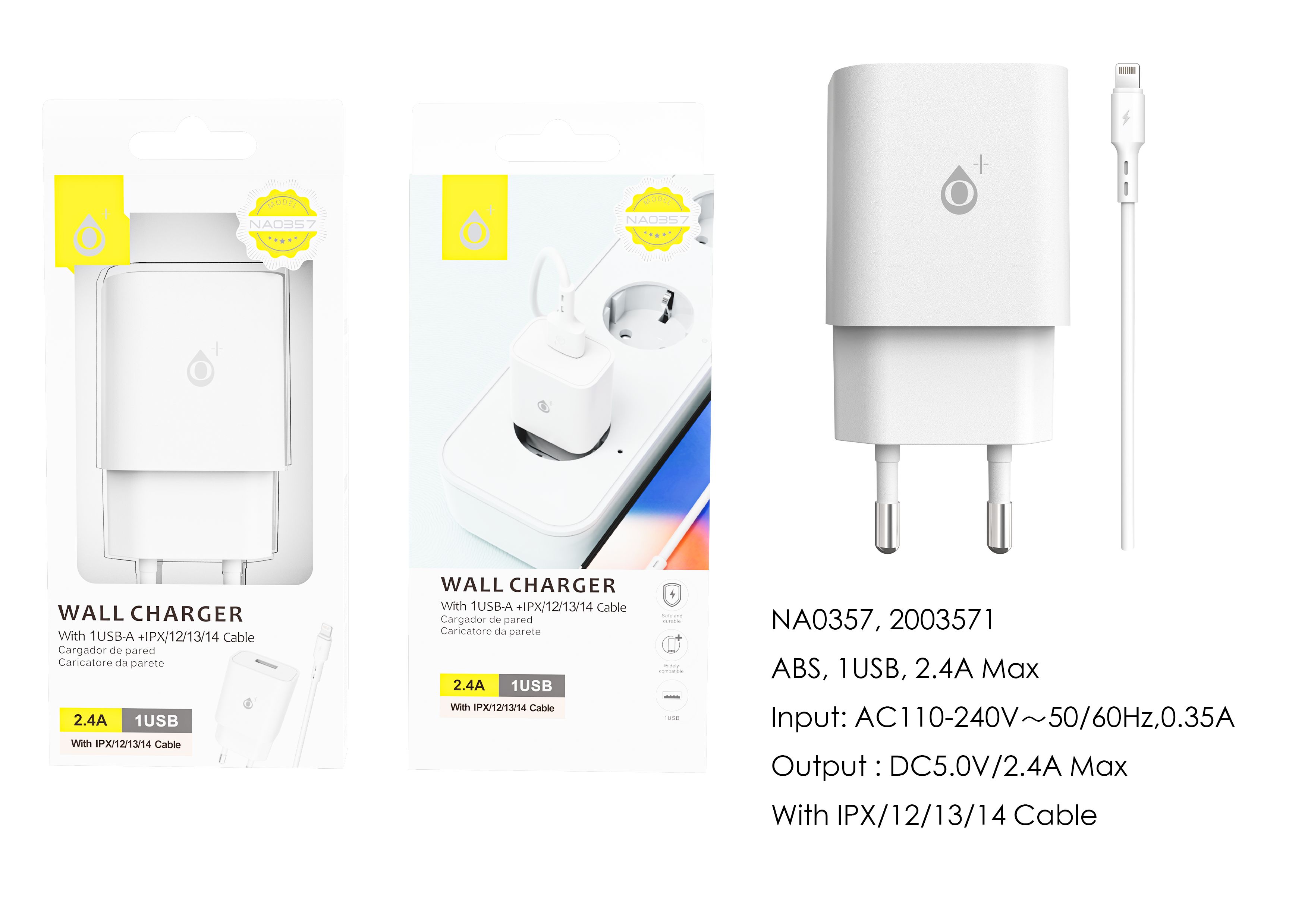 image principale pour Chargeur Avec Câble IP 5 à 14-1USB-2,4A-Blanc-NA0357