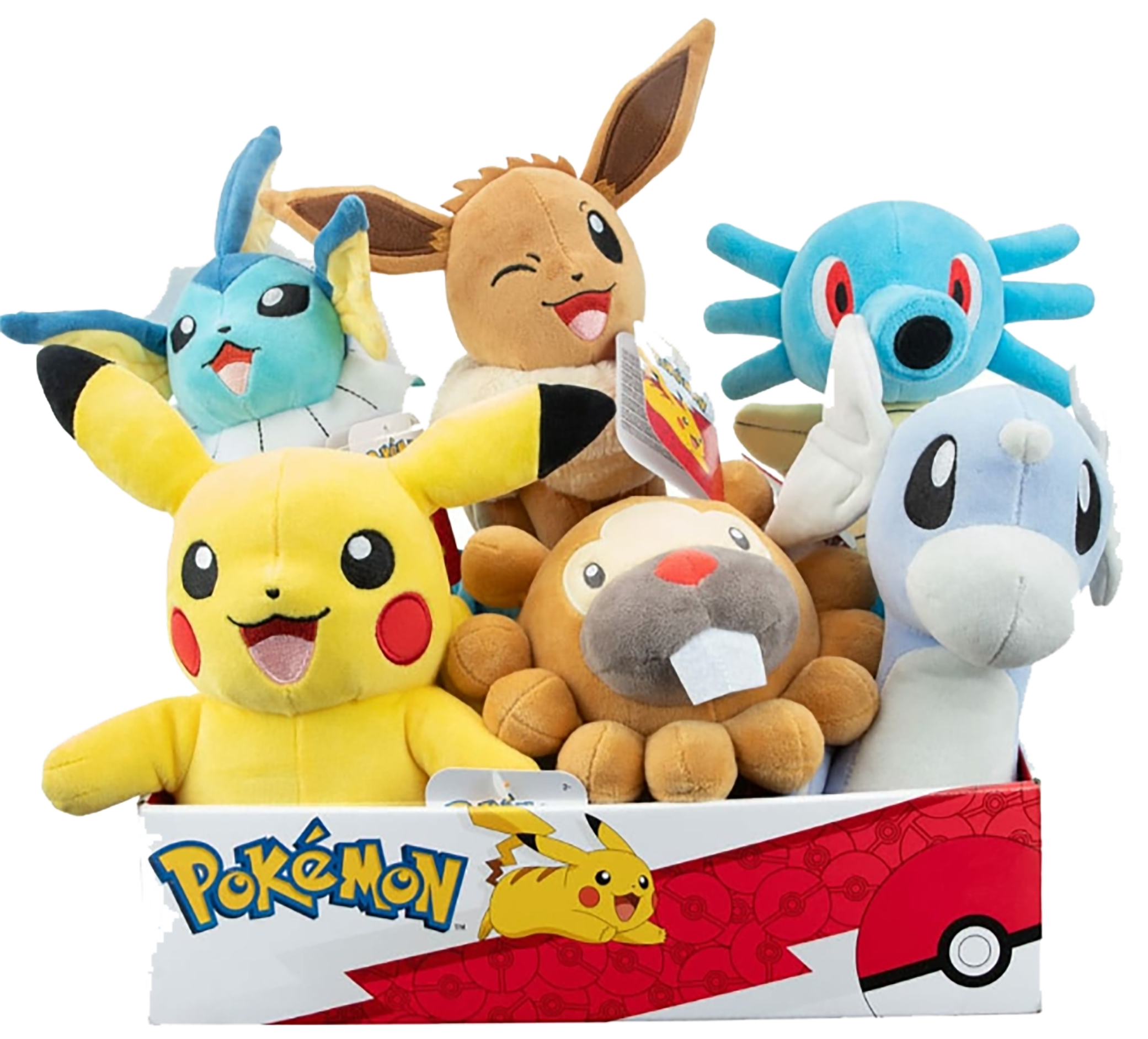 image principale pour Pokémon - Assortiment peluches 20 cm ( Evoli, Aquali, Pikachu Femelle,  Keunotor, Hypotrempe, Minidraco)