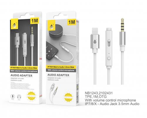 Câble adaptateur Audio IP7/8/X... vers Jack 3,5mm avec microphone -NB1243-1m - Blanc