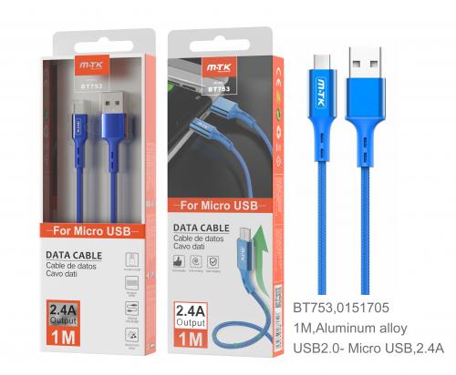 Câble en Aluminium Micro USB - 1m 2A - Bleu-BT753