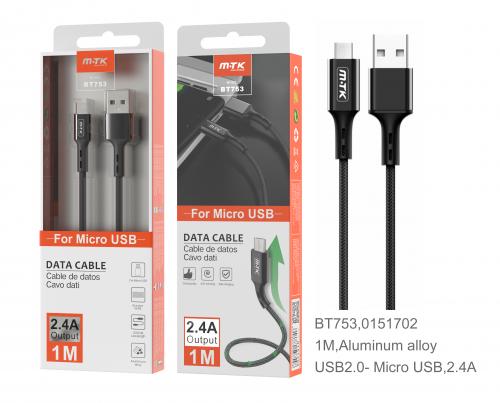 Câble en aluminium micro USB - 1m 2A - BT753 Noir