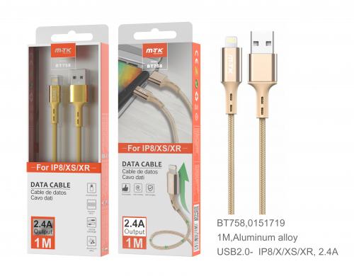 Câble en Aluminium pour IPhone 8/X/XS/XR - 1m - 2,4A - BT758 - Or
