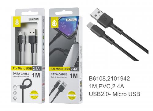 Câble USB charge et transfert de données Micro USB - 2.4A - 1M- B6108- Noir