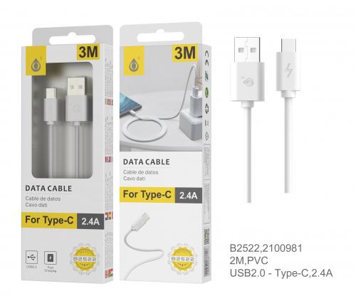 Câble USB vers Type C- 2A- 3m Blanc B2522