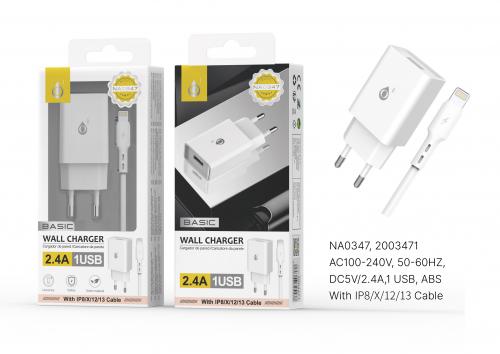 Embout Secteur USB + Câble pour iPhone 5 à 13 - 2.4A -Blanc -S. Basic-NA0347