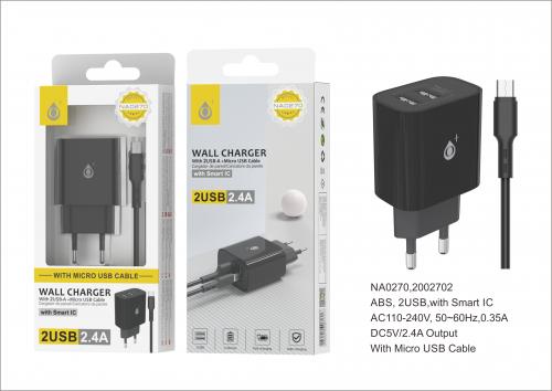 Chargeur avec câble micro USB- Smart IC - 2,4A - 2 ports USB - Noir - NA0270