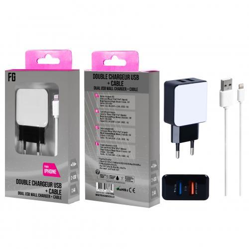 Chargeur Dual USB 2 ports 2,1A + Câble IPHONE 5/6/7/8/X CA102