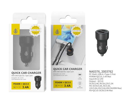 Chargeur voiture-Type C + USB, 3.4A/ 40W –Noir-NA0376