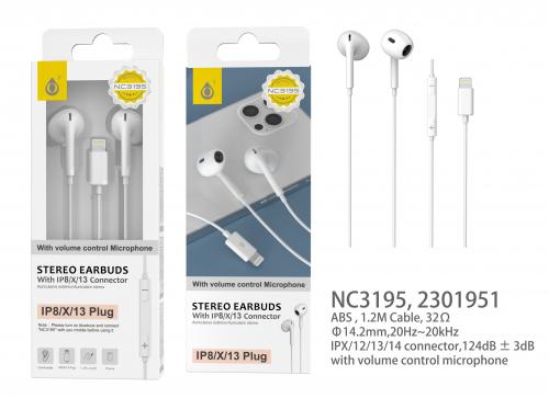 Ecouteur + Micro Lightning - pour Iphone 8 /X/XS/13- 1.2m -NC3195- Blanc 