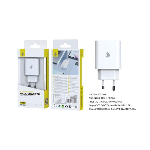 Embout secteur 3,4A - 1 port USB(18w) et 1 port Type C(20w) - NA0399 - Blanc 