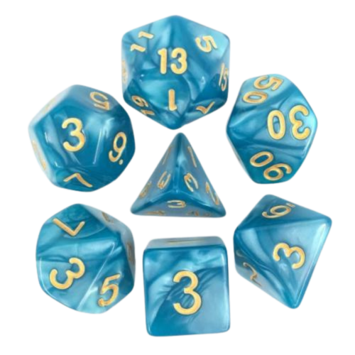 HDP-21 lot de 7 Dés – 16mm- Bleu nacré et or