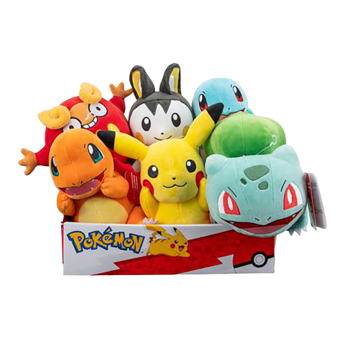 Pokémon - Assortiment peluches 20 cm (Pikachu, Salamèche, Bulbizarre, Carapuce, Dar