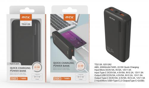 Power Bank 20000mAh -Charge Rapide 22.5W-Entrée MicroUSB + Type C-Sortie Type C+2USB